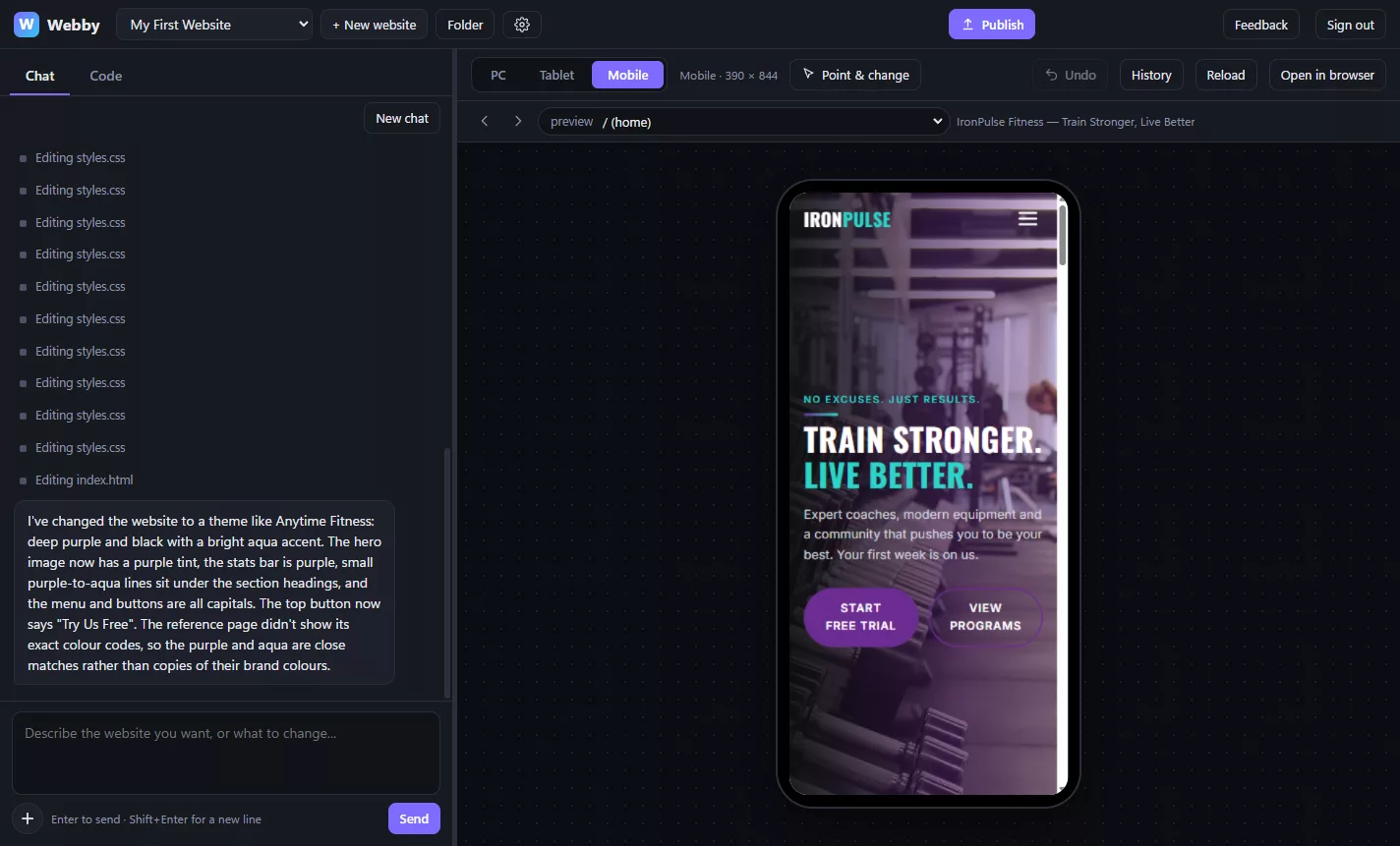 Webby showing the website on a phone-sized preview
