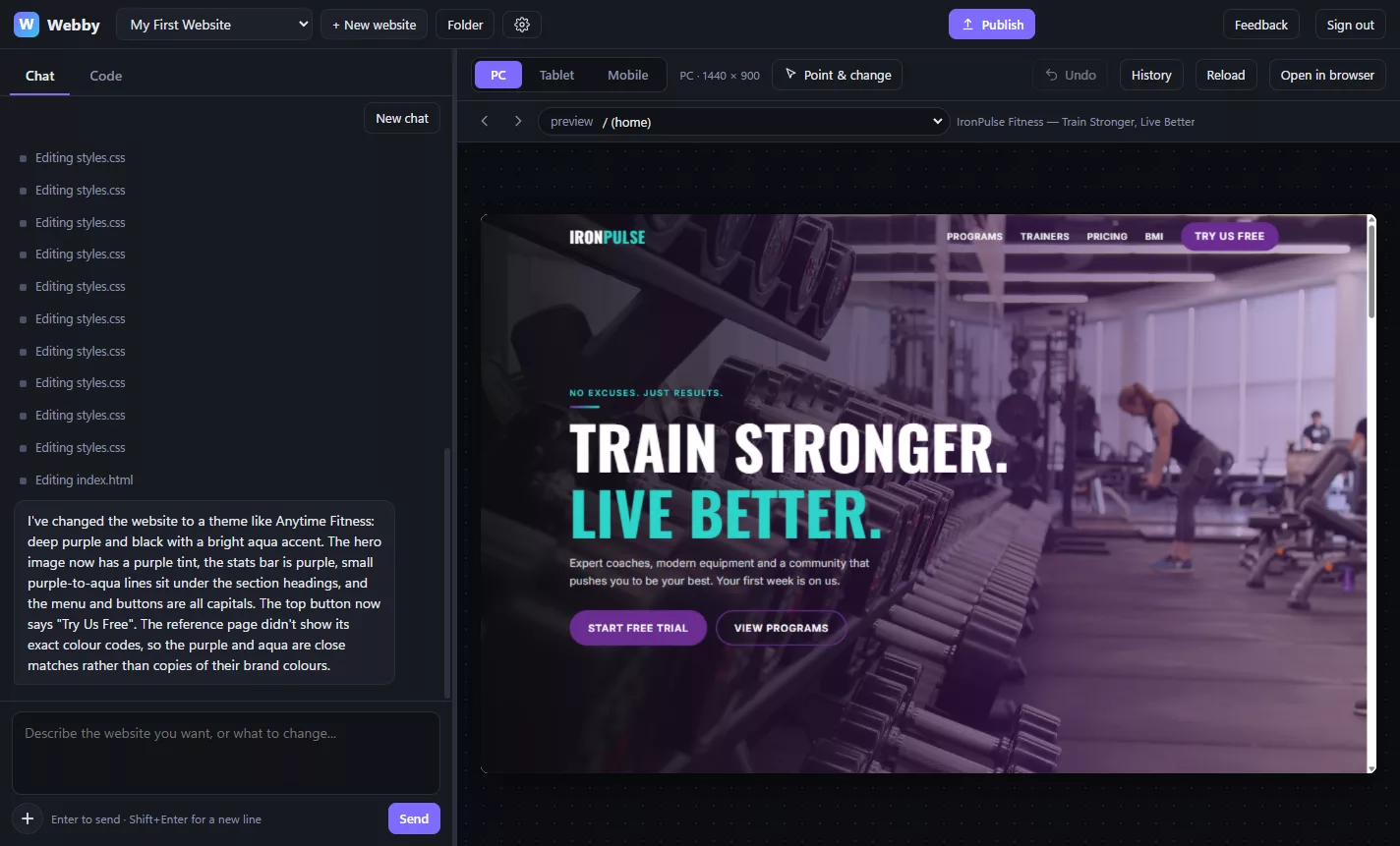 Webby: the chat on the left, a gym website it built on the right